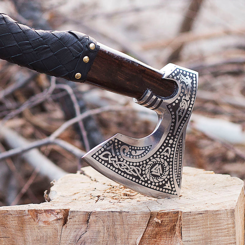 Viking Axe, Camping Axe, Hunting Axe, Carving Axe, Bearded, One-of-a-Kind, Engraved Blade, Rose Wood, ARSAXE09