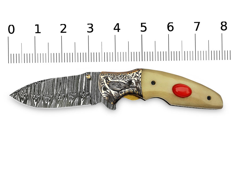 Red Stone Inlay Camel Bone Handle and Grouse Engraved Bolster Damascus Folding Knife 8" | ColdLand CLKFOL1125