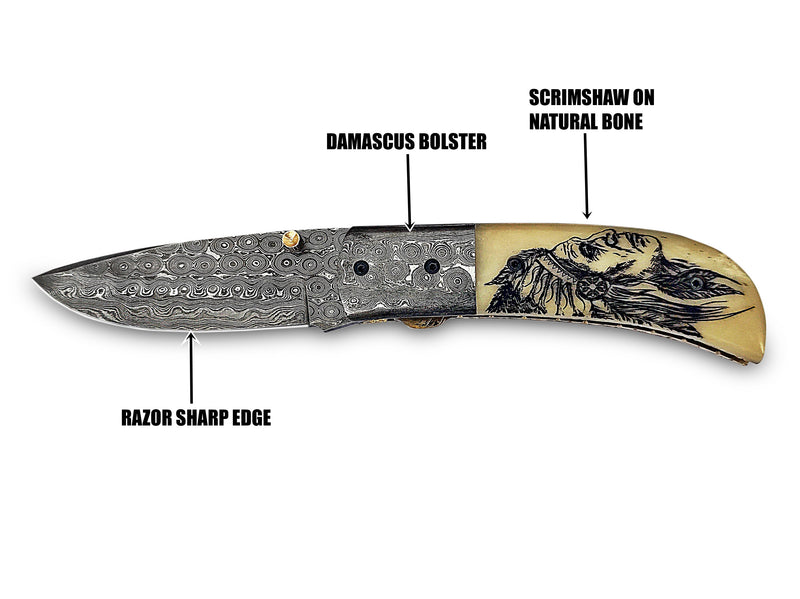 Couteau de poche pliant amérindien Scrimshaw sur os de chameau Red Indian Drop Point avec traversin Damas Acier Damas fabriqué à la main sur mesure 7,50 pouces avec étui en cuir Excellent cadeau pour vos proches CLKFOL1115