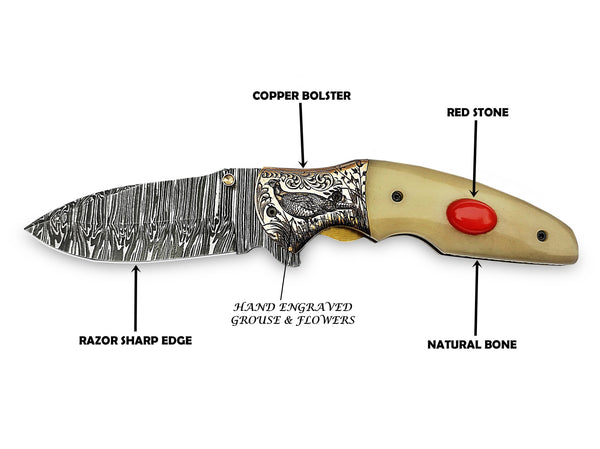 Red Stone Inlay Camel Bone Handle and Grouse Engraved Bolster Damascus Folding Knife 8" | ColdLand CLKFOL1125