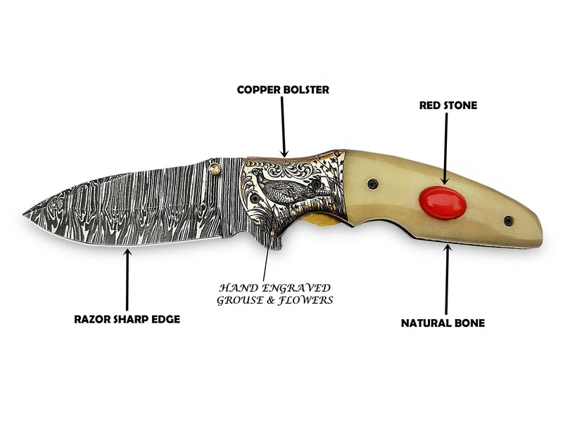 Red Stone Inlay Camel Bone Handle and Grouse Engraved Bolster Damascus Folding Knife 8" | ColdLand CLKFOL1125