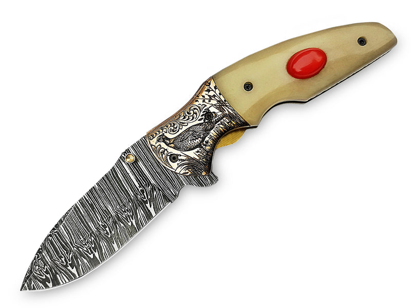 Red Stone Inlay Camel Bone Handle and Grouse Engraved Bolster Damascus Folding Knife 8" | ColdLand CLKFOL1125
