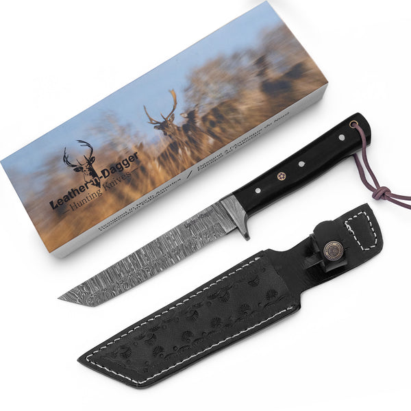 Hand-Forged Damascus Tanto Hunting Knife – Full Tang with Leather Sheath