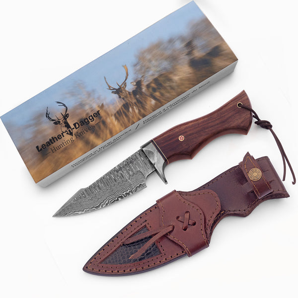 Hand-Forged Damascus Bushcraft Hunting Knife Walnut Wood Handle – Hidden Tang with Leather Sheath