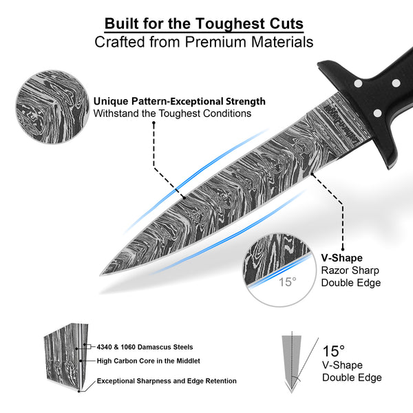 Hand-Forged Damascus Dagger Knife – Black Micarta Handle