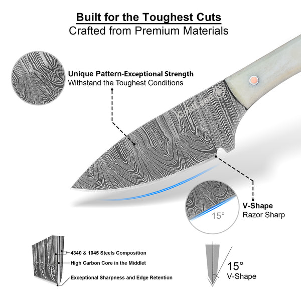 ColdLand Damascus Skinner Hunting Knife – Camel Bone Handle NMK08
