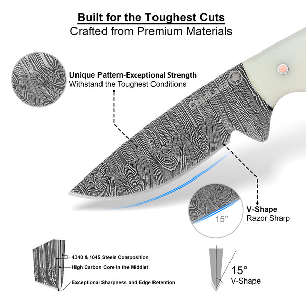ColdLand Hand-Forged Damascus Skinner Hunting Knife – Camel Bone Handle, Leather Sheath NMK06