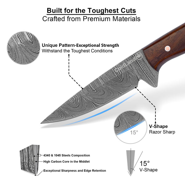 ColdLand Hand-Forged Damascus Skinner Hunting Knife – Rosewood Handle, Full Tang with Leather Sheath NMK03
