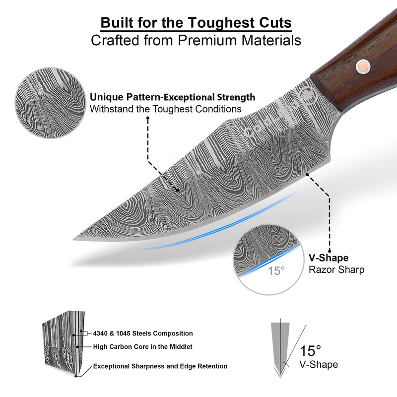 ColdLand Hand-Forged Damascus Skinner Knife – Rosewood Handle & Leather Sheath NMK01