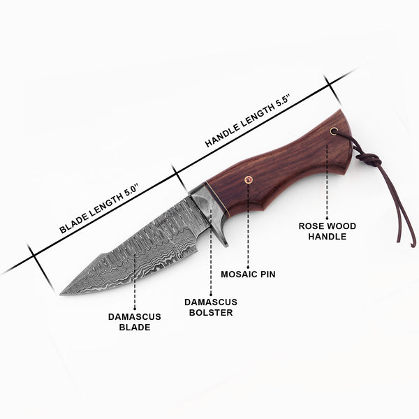 Hand-Forged Damascus Bushcraft Hunting Knife Walnut Wood Handle – Hidden Tang with Leather Sheath