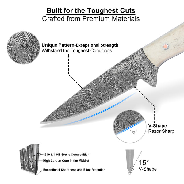 Hand-Forged Damascus Skinner Hunting Knife with Camel Bone Handle – by ColdLand Knives NMK04
