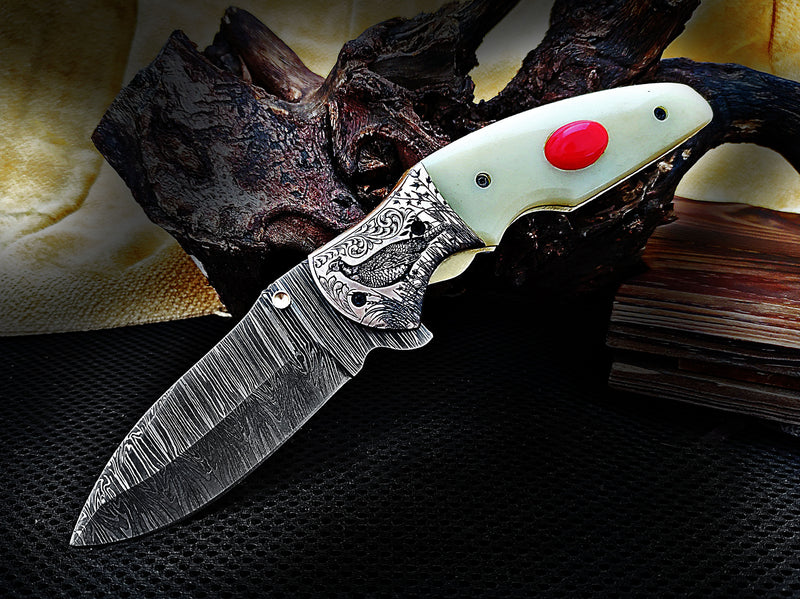 Red Stone Inlay Camel Bone Handle and Grouse Engraved Bolster Damascus Folding Knife 8" | ColdLand CLKFOL1125