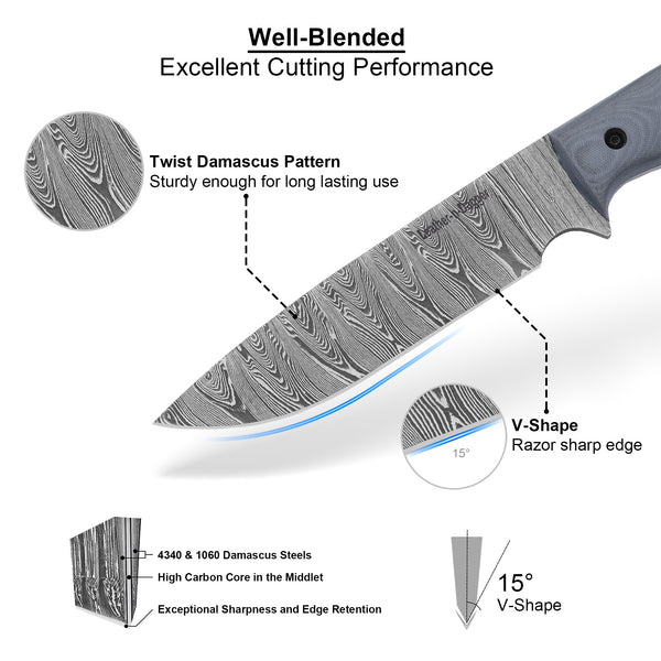 Hand Forged Damascus Bushcraft Hunting Knife – Full Tang with Leather Sheath
