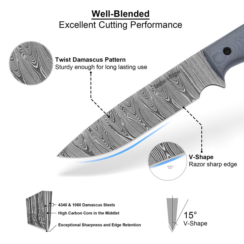 Hand Forged Damascus Bushcraft Hunting Knife – Full Tang with Leather Sheath