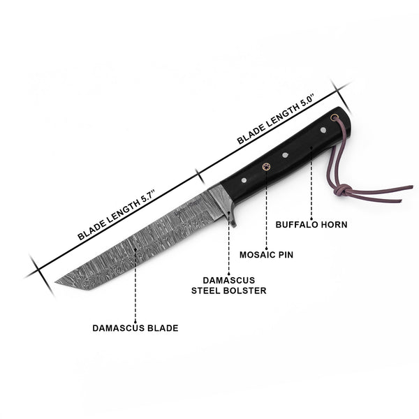 Hand-Forged Damascus Tanto Hunting Knife – Full Tang with Leather Sheath