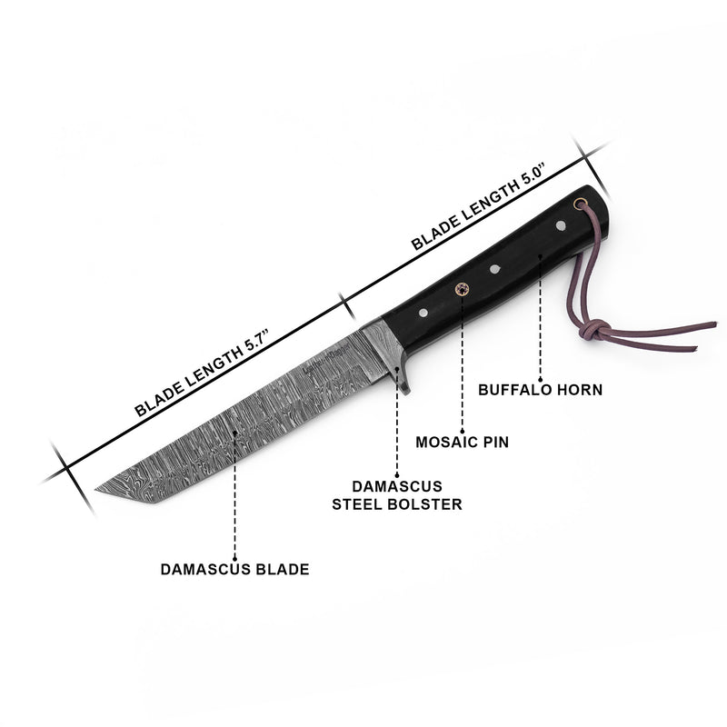 Hand-Forged Damascus Tanto Hunting Knife – Full Tang with Leather Sheath