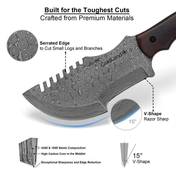 Damascus Tracker Knife – 11.4” Rose Burl Wood Handle | SHK01 by ColdLand Knives