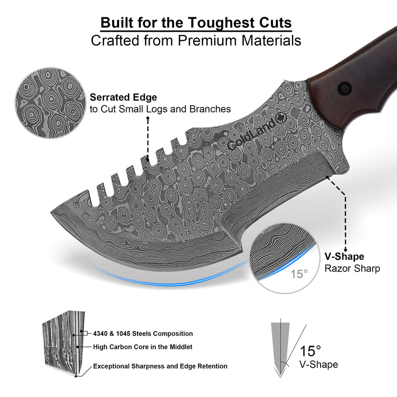 Damascus Tracker Knife – 11.4” Rose Burl Wood Handle | SHK01 by ColdLand Knives