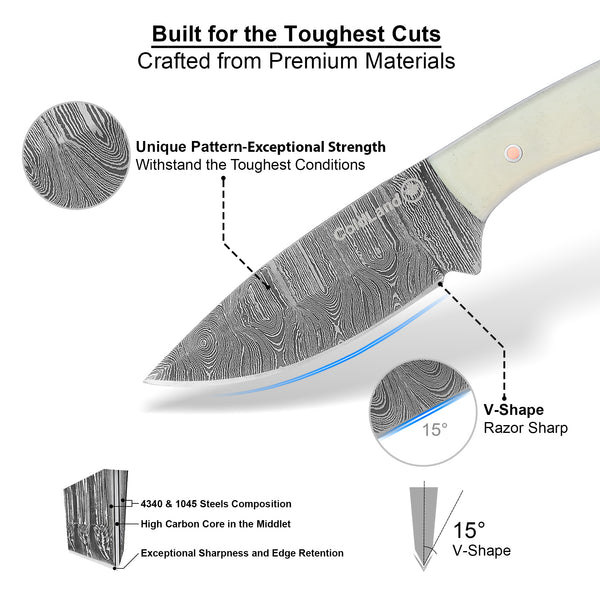 ColdLand Hand-Forged Skinner Hunting Knife – Damascus Steel with Camel Bone Handle NMK05