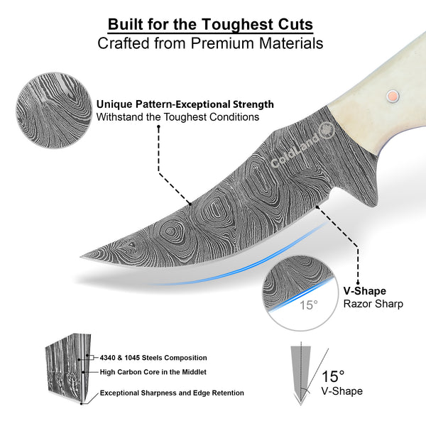ColdLand Hand-Forged Damascus Skinner Knife – Natural Camel Bone Handle (7.4”) NMK12