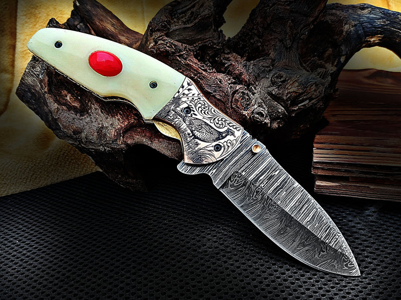 Red Stone Inlay Camel Bone Handle and Grouse Engraved Bolster Damascus Folding Knife 8" | ColdLand CLKFOL1125