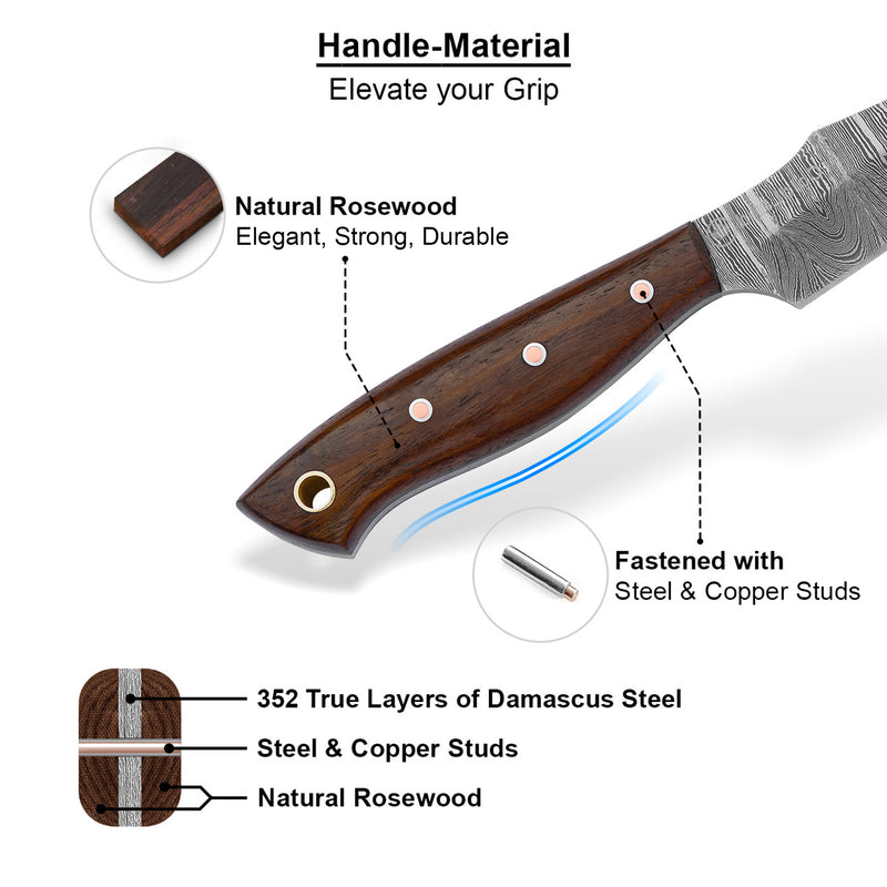 ColdLand Hand-Forged Damascus Skinner Knife – Rosewood Handle & Leather Sheath NMK01