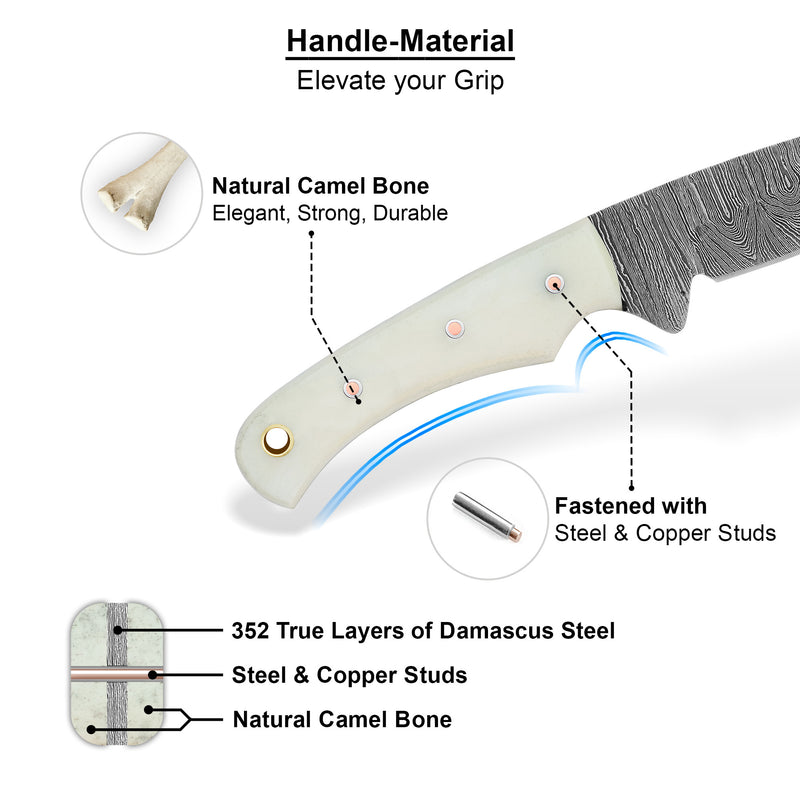 ColdLand Hand-Forged Damascus Skinner Hunting Knife – Camel Bone Handle, Leather Sheath NMK06