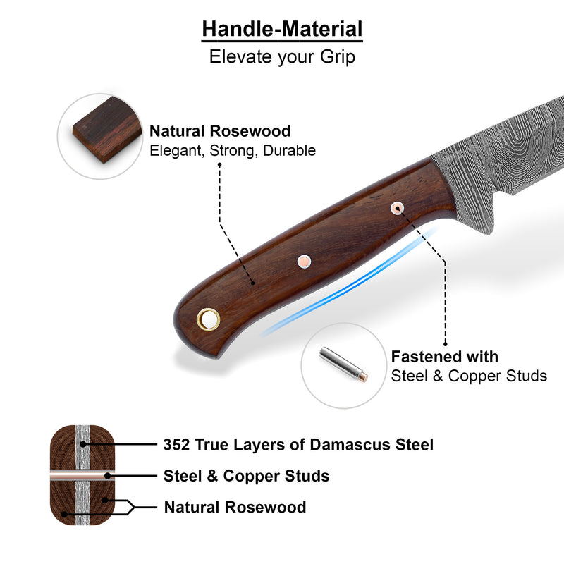ColdLand Hand-Forged Damascus Skinner Hunting Knife – Rosewood Handle, Full Tang with Leather Sheath NMK03