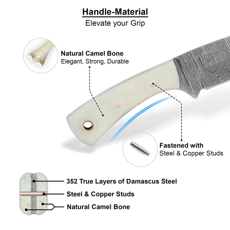 ColdLand Hand-Forged Skinner Hunting Knife – Damascus Steel with Camel Bone Handle NMK05