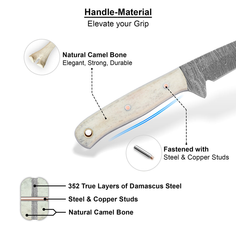 Hand-Forged Damascus Skinner Hunting Knife with Camel Bone Handle – by ColdLand Knives NMK04