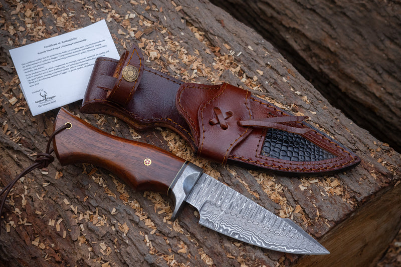 Hand-Forged Damascus Bushcraft Hunting Knife Walnut Wood Handle – Hidden Tang with Leather Sheath LDK02