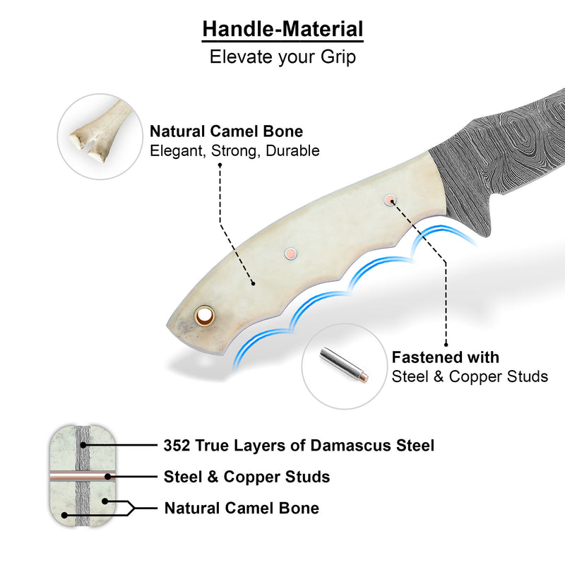 ColdLand Hand-Forged Damascus Skinner Knife – Natural Camel Bone Handle (7.4”) NMK12