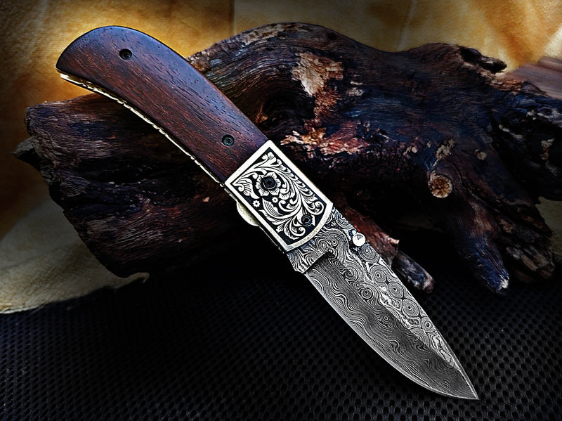 Hand Engraved Brass Bolster Folding Pocket Knife and Walnut Wood Handle 7.50 inches Custom Handcrafted Damascus Steel with Leather Sheath Perfect Gift for Your Loved Ones CLKFOL1109