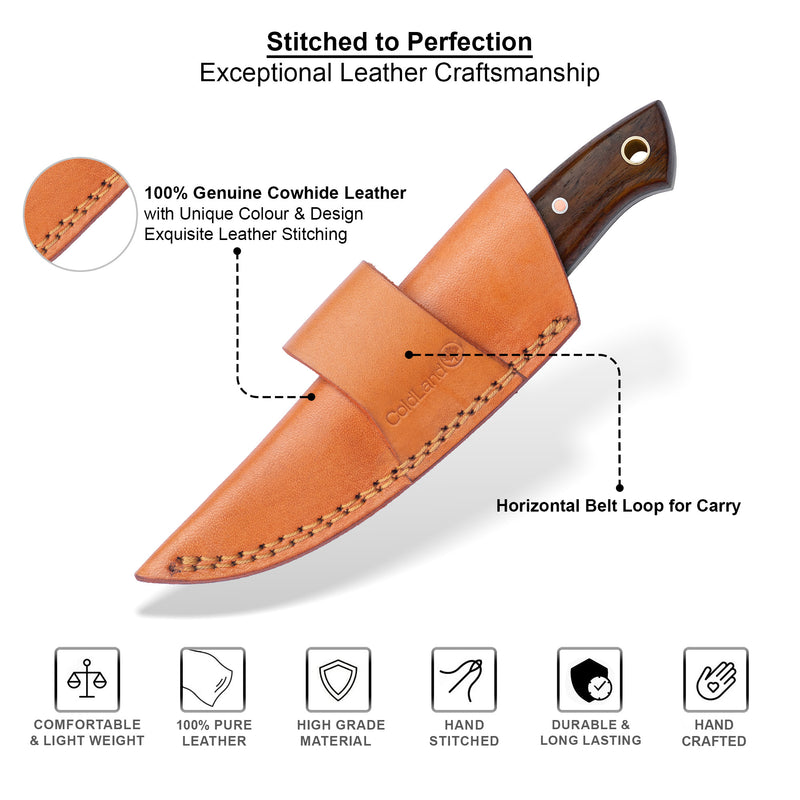 ColdLand Hand-Forged Damascus Skinner Knife – Rosewood Handle & Leather Sheath NMK01