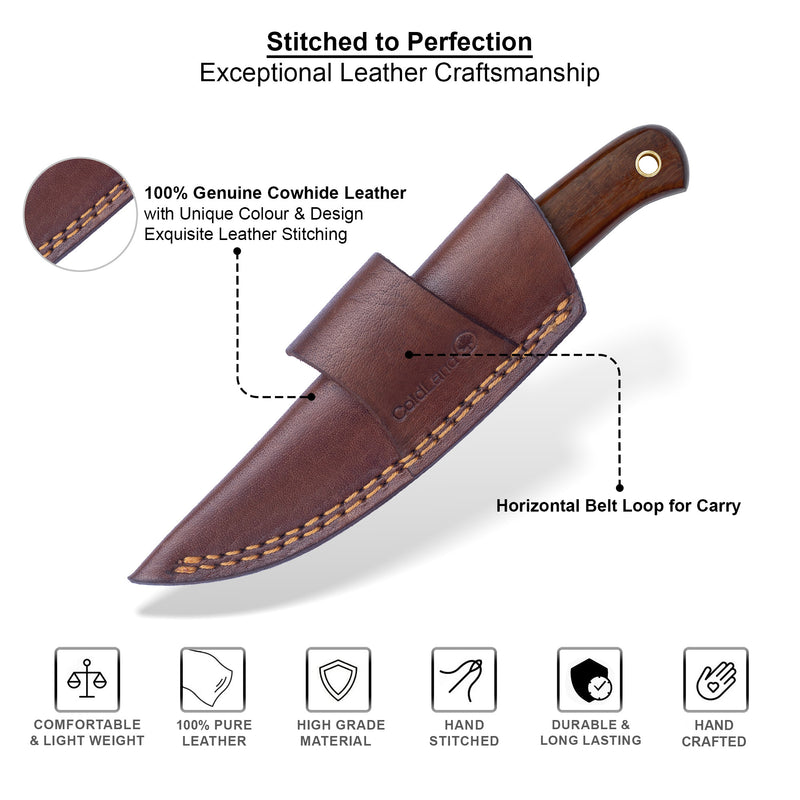 ColdLand Hand-Forged Damascus Skinner Hunting Knife – Rosewood Handle, Full Tang with Leather Sheath NMK03