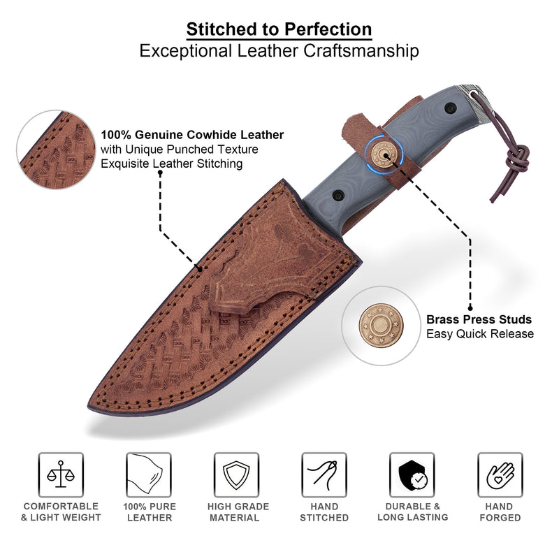 Hand Forged Damascus Bushcraft Hunting Knife – Full Tang with Leather Sheath