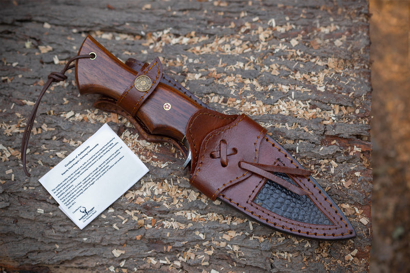 Hand-Forged Damascus Bushcraft Hunting Knife Walnut Wood Handle – Hidden Tang with Leather Sheath LDK02