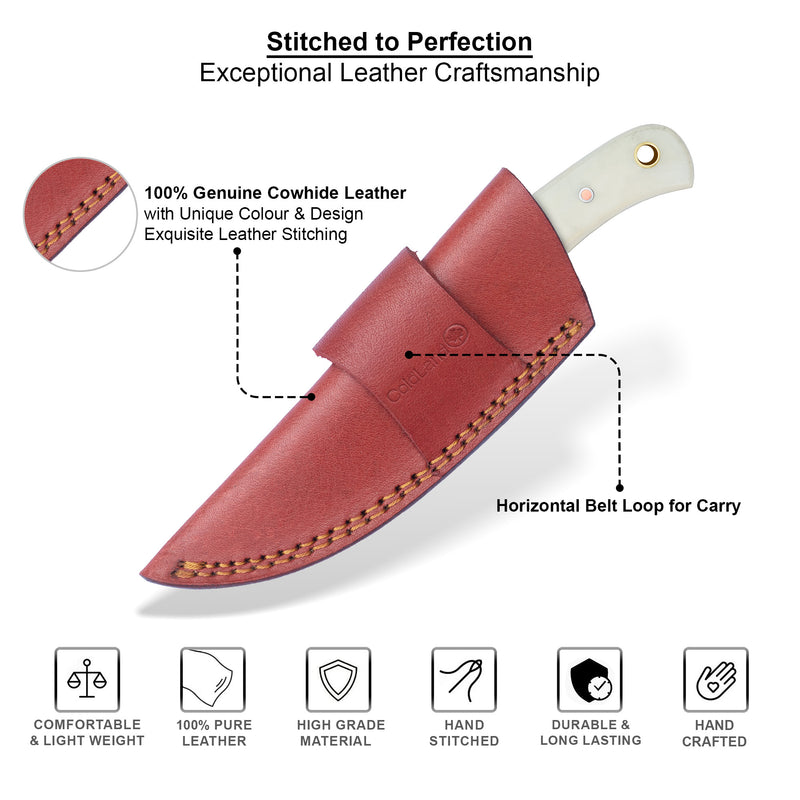 ColdLand Hand-Forged Damascus Skinner Hunting Knife – Camel Bone Handle, Leather Sheath NMK06