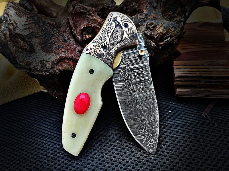 Red Stone Inlay Camel Bone Handle and Grouse Engraved Bolster Damascus Folding Knife 8" | ColdLand CLKFOL1125