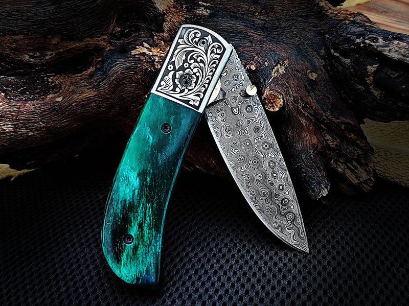 Hand Engraved Steel Bolster Folding Pocket Knife Green Colored Camel Bone Handle Custom Handcrafted Damascus Steel 7.50 inches with Leather Sheath Perfect Gift for All Occasions CLKFOL1116