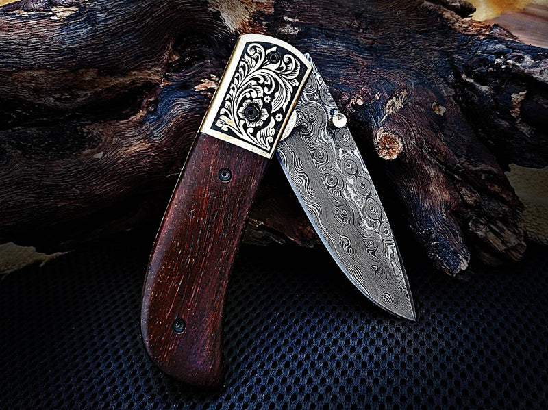Hand Engraved Brass Bolster Folding Pocket Knife and Walnut Wood Handle 7.50 inches Custom Handcrafted Damascus Steel with Leather Sheath Perfect Gift for Your Loved Ones CLKFOL1109