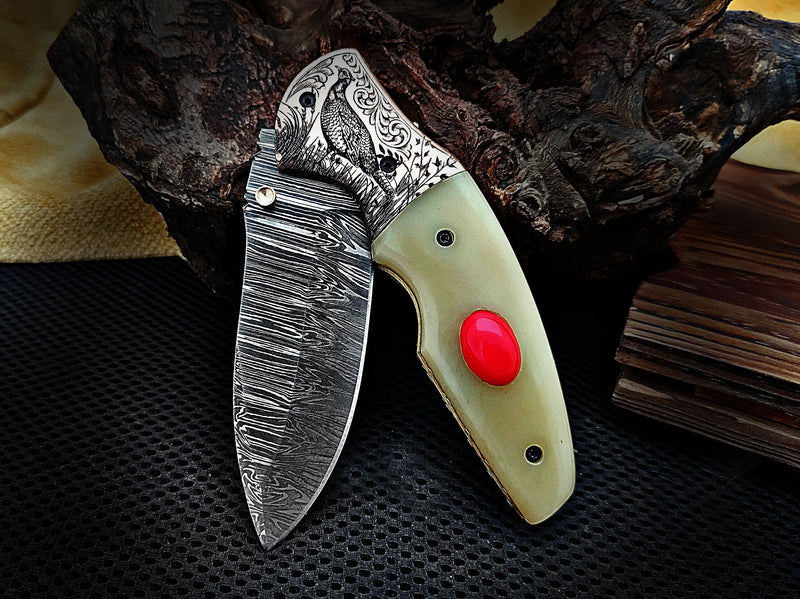 Red Stone Inlay Camel Bone Handle and Grouse Engraved Bolster Damascus Folding Knife 8" | ColdLand CLKFOL1125