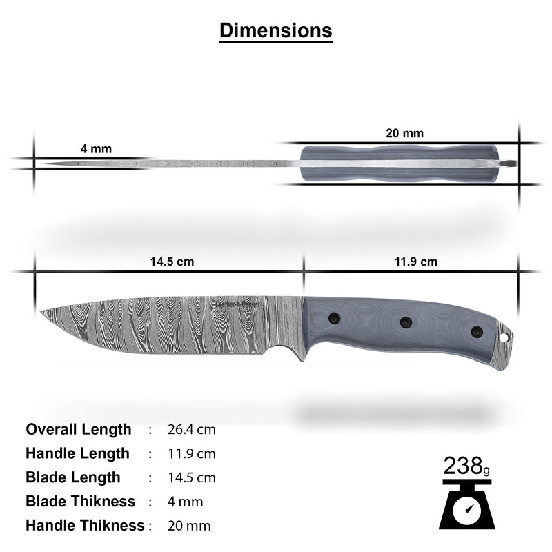 Hand Forged Damascus Bushcraft Hunting Knife – Full Tang with Leather Sheath