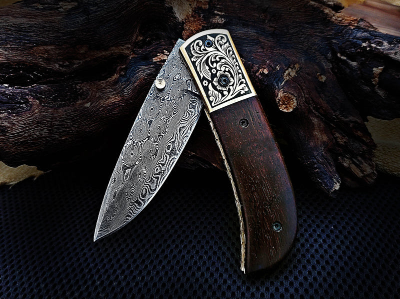 Hand Engraved Brass Bolster Folding Pocket Knife and Walnut Wood Handle 7.50 inches Custom Handcrafted Damascus Steel with Leather Sheath Perfect Gift for Your Loved Ones CLKFOL1109