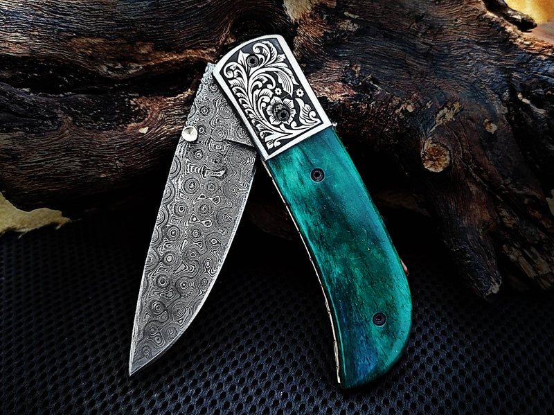 Hand Engraved Steel Bolster Folding Pocket Knife Green Colored Camel Bone Handle Custom Handcrafted Damascus Steel 7.50 inches with Leather Sheath Perfect Gift for All Occasions CLKFOL1116
