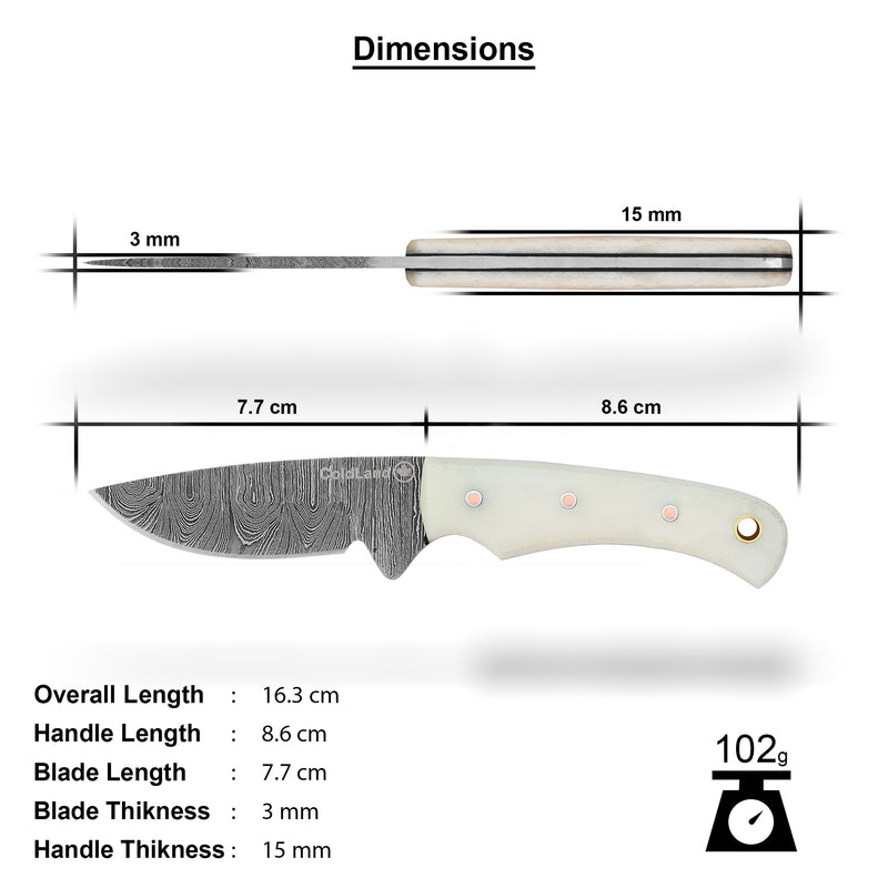ColdLand Hand-Forged Damascus Skinner Hunting Knife – Camel Bone Handle, Leather Sheath NMK06