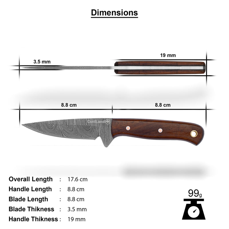 ColdLand Hand-Forged Damascus Skinner Hunting Knife – Rosewood Handle, Full Tang with Leather Sheath NMK03
