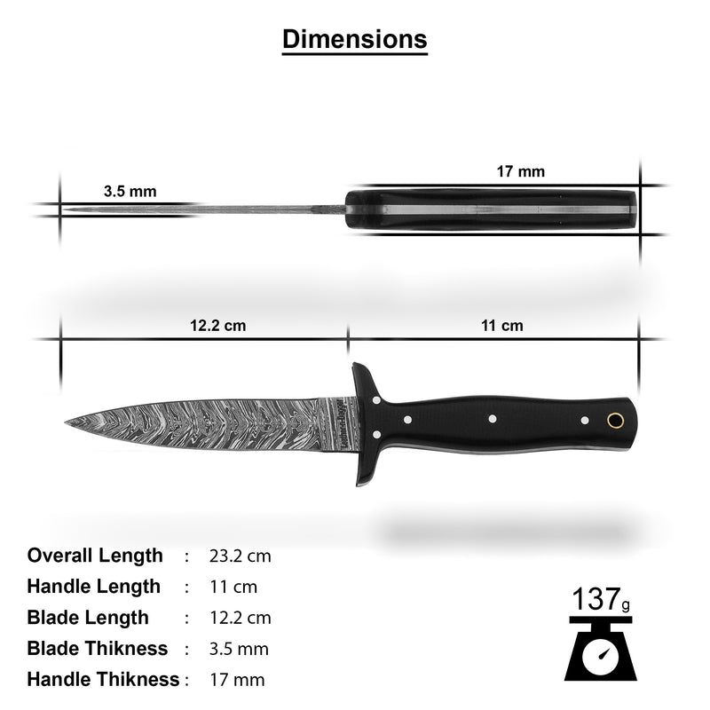 Hand-Forged Damascus Dagger Knife – Black Micarta Handle