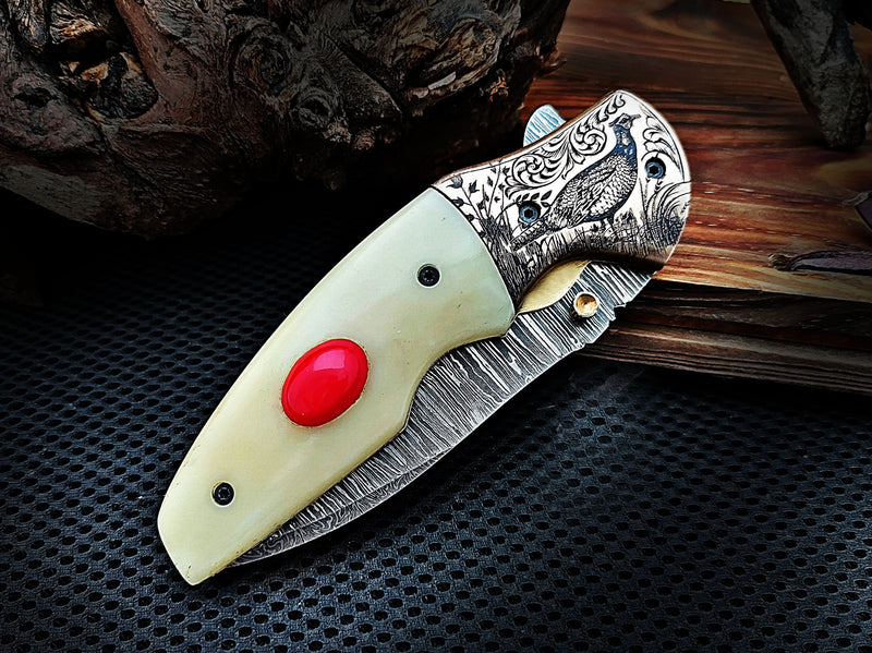 Red Stone Inlay Camel Bone Handle and Grouse Engraved Bolster Damascus Folding Knife 8" | ColdLand CLKFOL1125