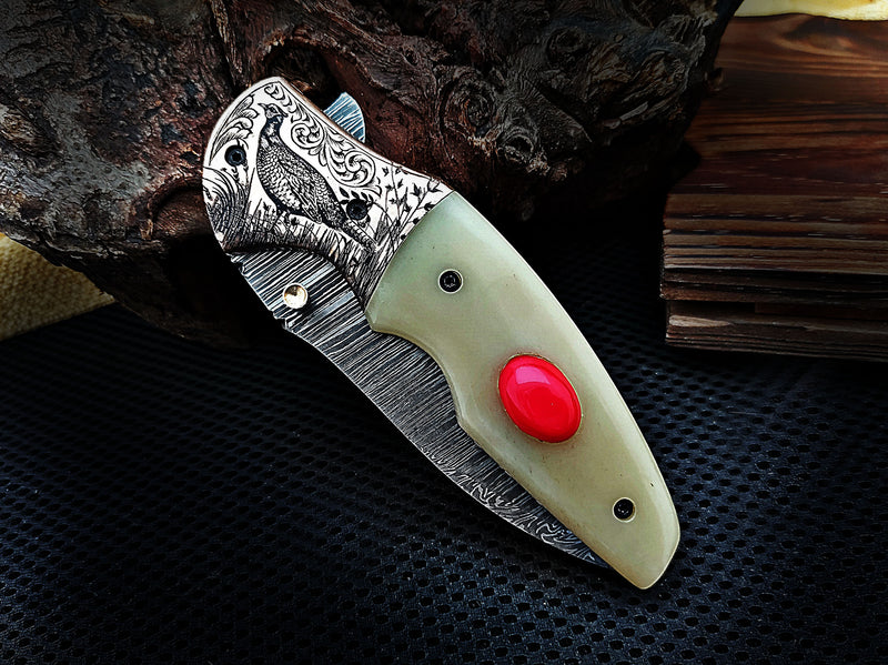 Red Stone Inlay Camel Bone Handle and Grouse Engraved Bolster Damascus Folding Knife 8" | ColdLand CLKFOL1125